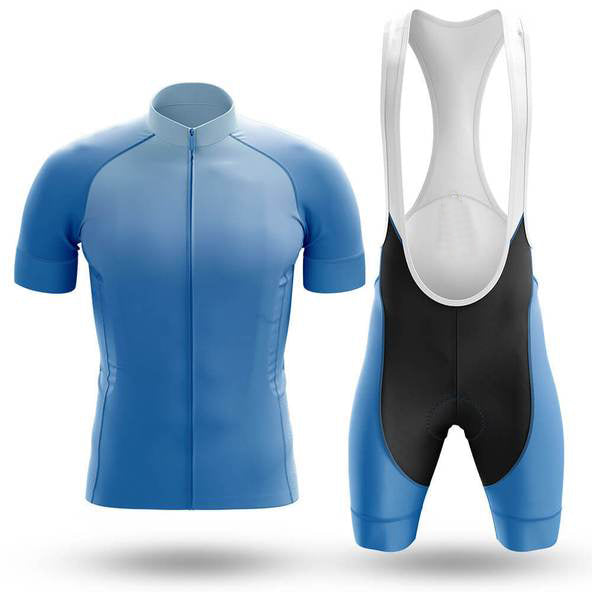 The Plain Blue Cycling Jersey Set includes a blue short-sleeve jersey with a front zipper and breathable, lightweight polyester shorts. The blue-and-black bib shorts feature white straps, all appearing new against a white background.