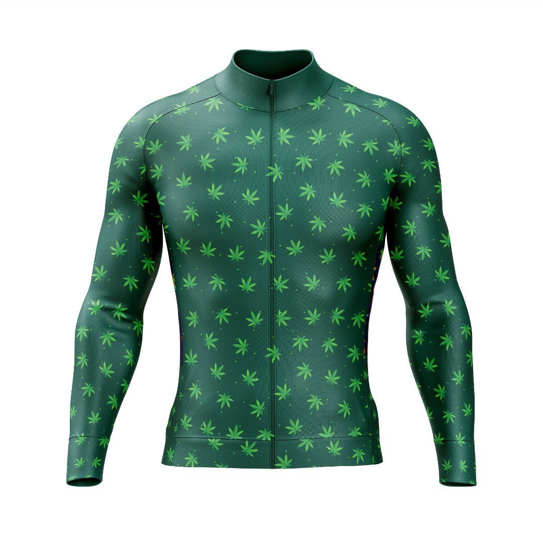 The Green Weed Retro Cycling Jersey features long sleeves, a high collar, and a front zipper. Its dark green fabric is decorated with light green cannabis leaves, making it ideal for style-conscious cyclists.