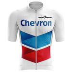 White Chevron Retro Cycling Jersey with short sleeves, crafted from lightweight polyester, features a large blue and red Chevron logo on the front with Chevron above it. A small SPECIFIC PROS logo is near the neckline.