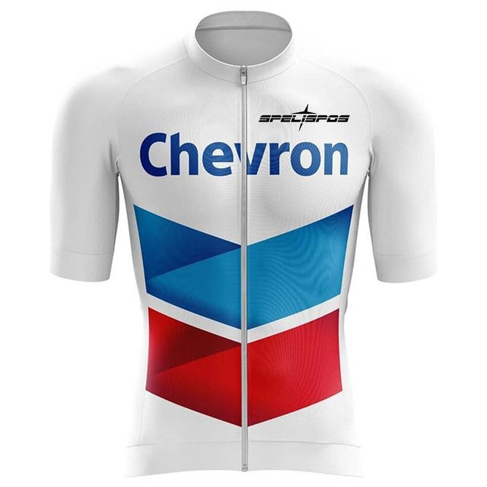 White Chevron Retro Cycling Jersey with short sleeves, crafted from lightweight polyester, features a large blue and red Chevron logo on the front with Chevron above it. A small SPECIFIC PROS logo is near the neckline.