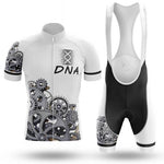 The Cycling DNA Jersey Set features a short-sleeved white jersey with black trim, gray gear accents, and DNA text design. Paired with breathable shorts, it showcases front and back views of this performance cycling gear.