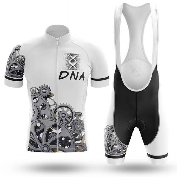The Cycling DNA Jersey Set features a short-sleeved white jersey with black trim, gray gear accents, and DNA text design. Paired with breathable shorts, it showcases front and back views of this performance cycling gear.