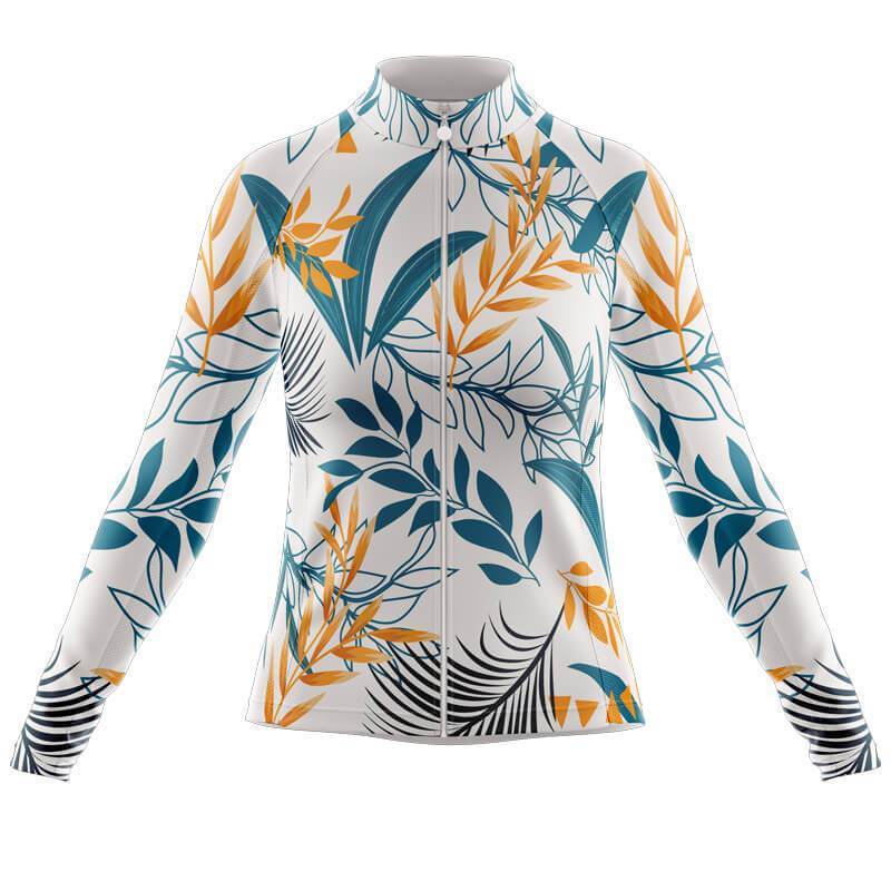 The Womens Long Sleeve Floral White Blue Jersey features a white base with blue and orange leaf patterns of varying sizes and styles for a vibrant botanical look. This cycling jacket zips up to the collar for a snug fit, and comes with an optional fleece lining.