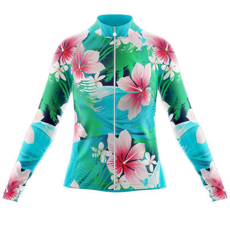 The Womens Long Sleeve Floral Oriental Lily Cycling Jersey, featuring pink and white hibiscus flowers with green leaves on a turquoise background, is displayed fully zipped and front-facing against a white backdrop.
