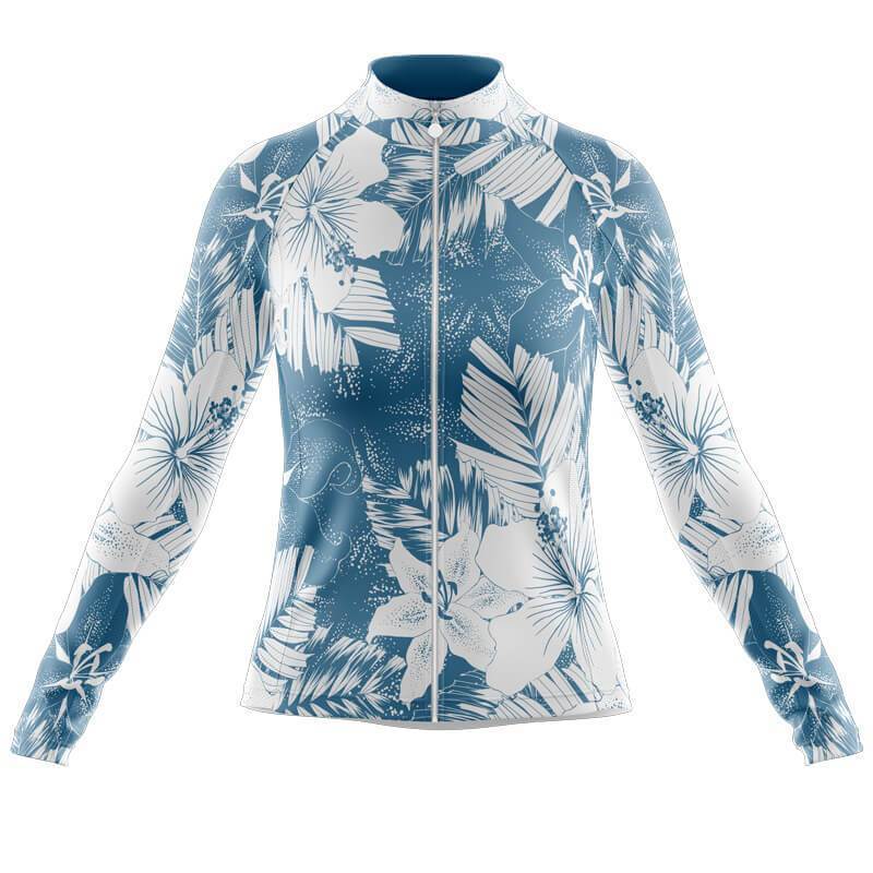 The Womens Long Sleeve Floral Blue Lily Cycling Jersey features a vibrant blue and white floral pattern with a fleece lining option, high collar, large flowers and leaves design, and a convenient front zipper.