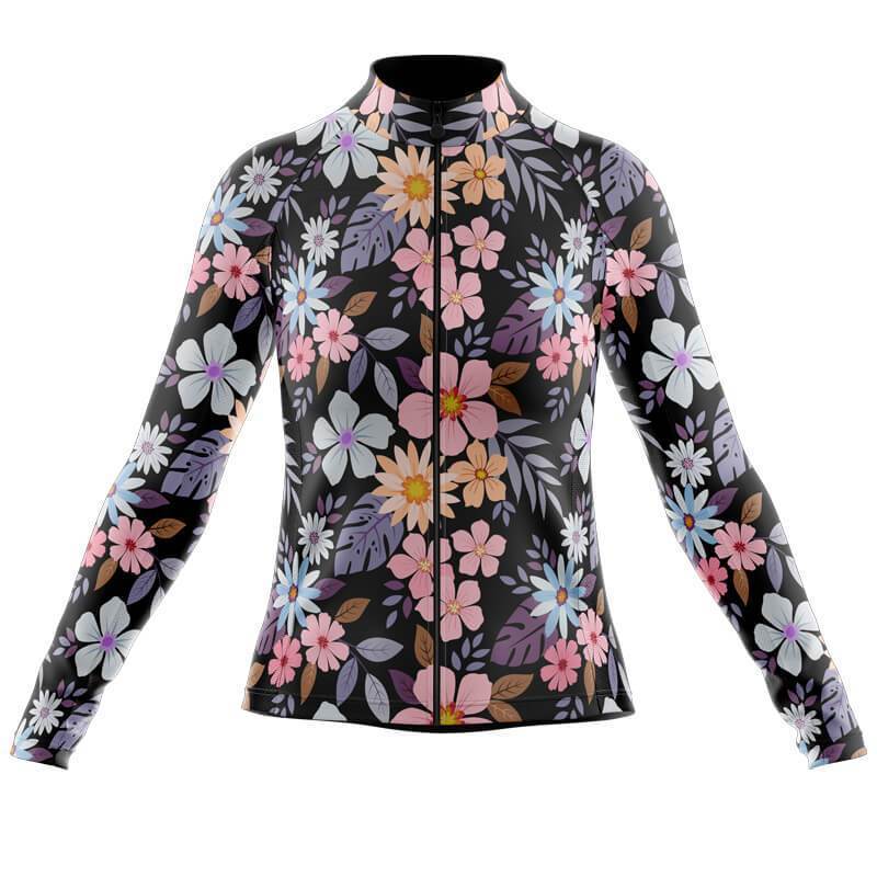 The Womens Long Sleeve Floral Cycling Jersey, available with a fleece option, is ideal for cool rides. It features vibrant florals in pink, purple, blue, and white on black for warmth and style in winter cycling.