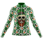 Celebrate St. Patricks Day with the Womens Long Sleeve Lucky Irish Skull Jersey, featuring a skull in a green top hat and orange beard. Decorated with shamrocks and vibrant motifs, it includes a front zipper for comfort during your ride.