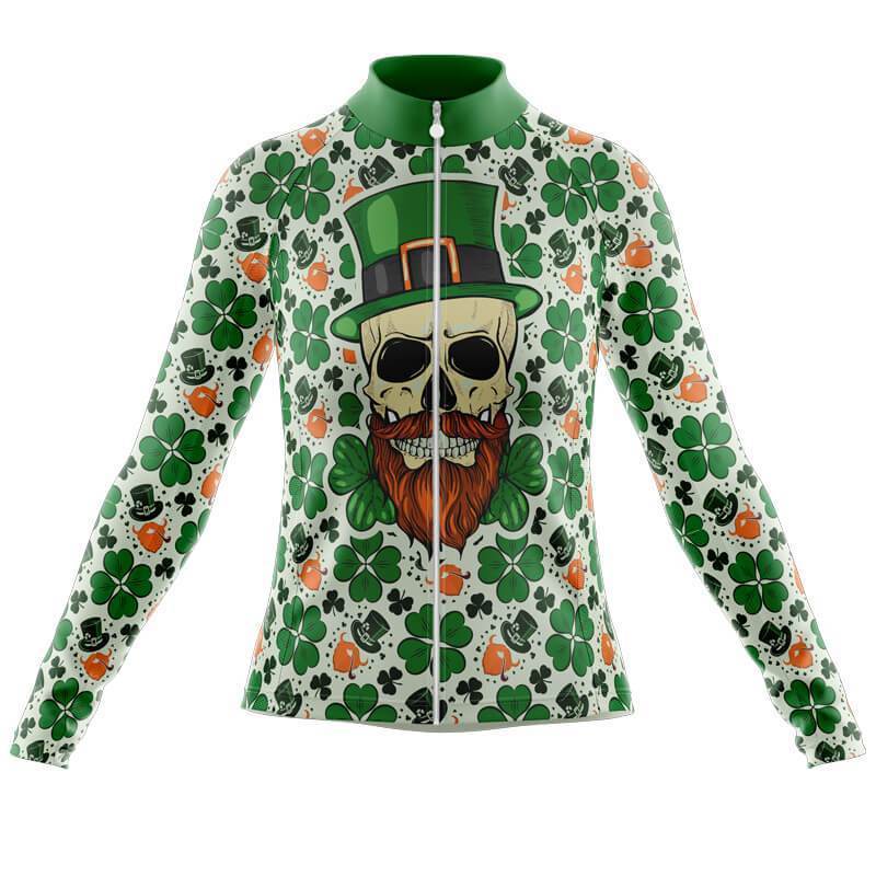 Celebrate St. Patricks Day with the Womens Long Sleeve Lucky Irish Skull Jersey, featuring a skull in a green top hat and orange beard. Decorated with shamrocks and vibrant motifs, it includes a front zipper for comfort during your ride.