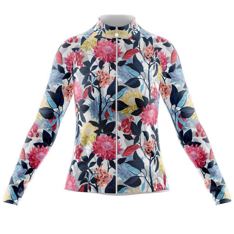 This Womens Long Sleeve Floral Red and Blue Jersey features a cycling jersey style with vibrant pink, red, and yellow flowers complemented by dark blue leaves on a crisp white background. Fleece option available.