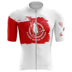The Flying Goose Brand Cycling Jersey features a striking red and white design, with the left sleeve and side in red displaying the logo, while the right sleeve has kite motifs on a white background.