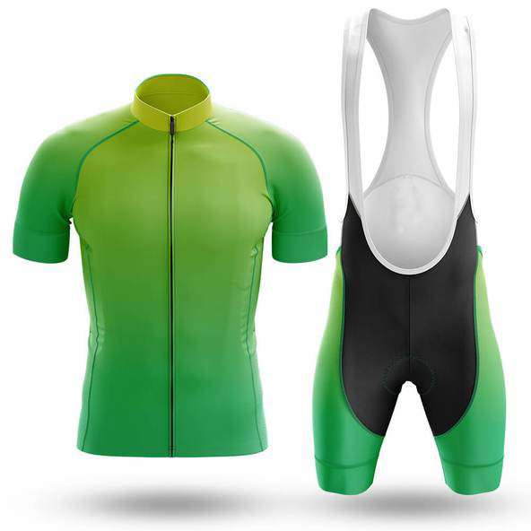 The Plain Bright Green Cycling Jersey Set includes a lightweight polyester short-sleeved top with a full-length zipper and breathable black bib shorts with green side accents, all displayed on a plain white background.