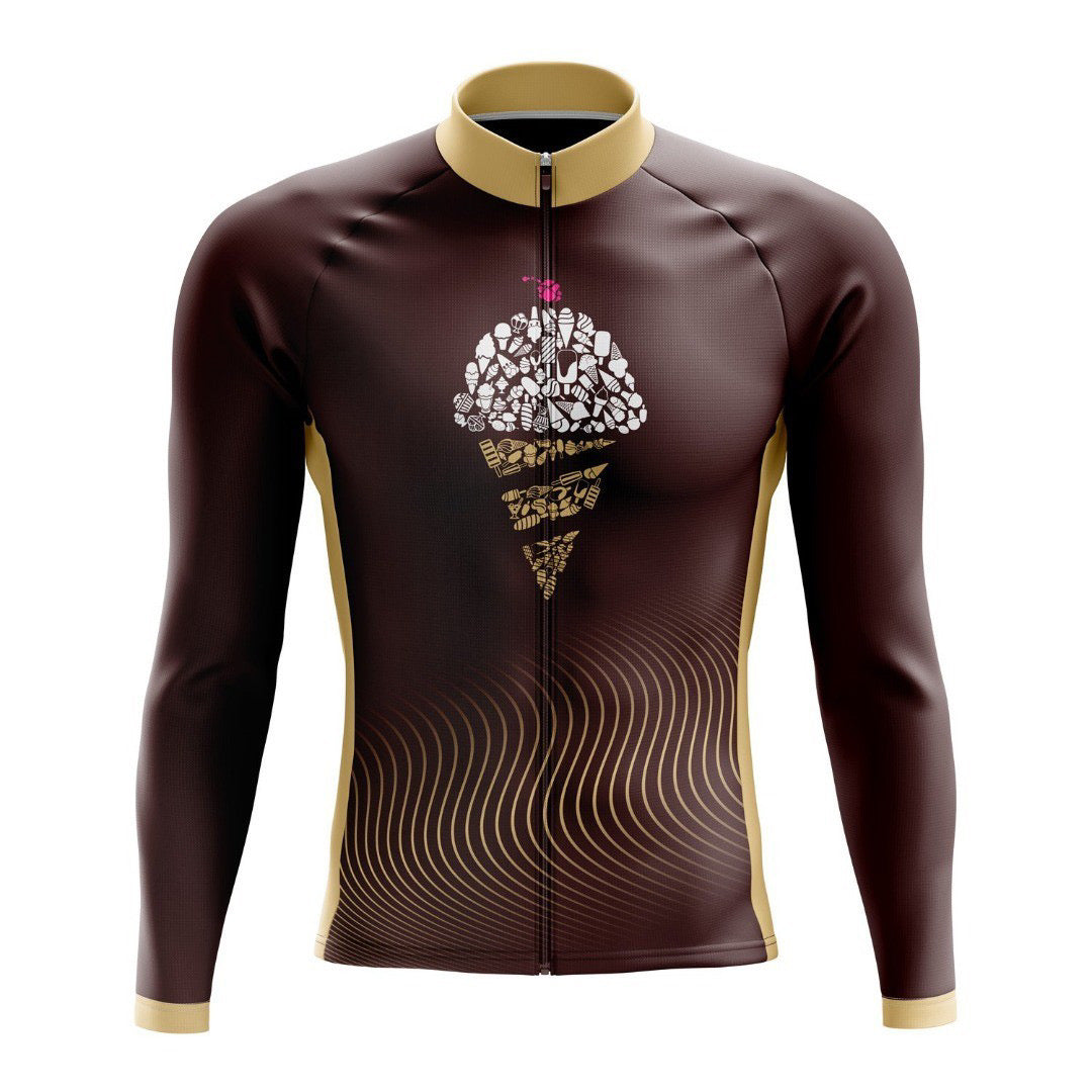 Introducing the Ice Cream Retro Cycling Jersey (with Fleece Option): a long-sleeve cycling marvel in chocolate brown with beige highlights, featuring a chic ice cream cone pattern on the chest and wavy lines on the lower section for added flair.