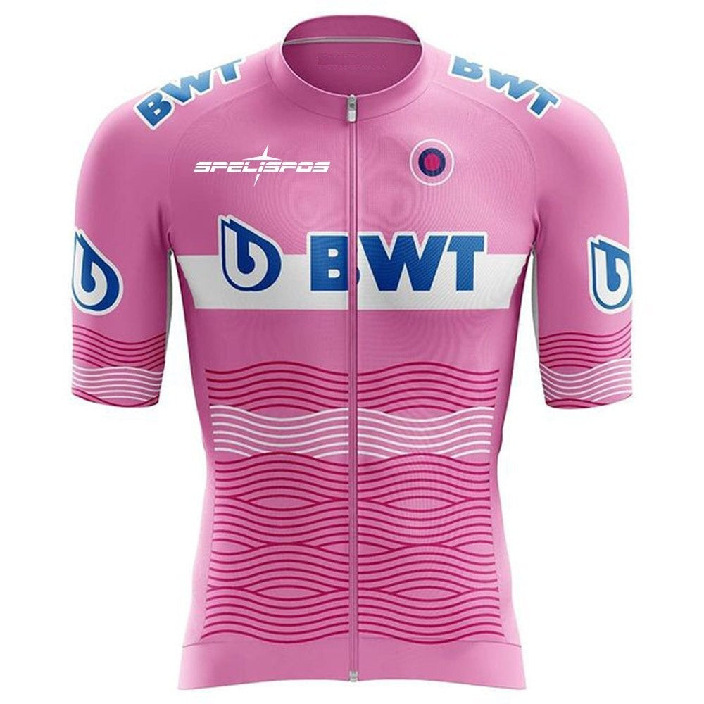 Introducing the BWT Retro Cycling Jersey in pink with BWT boldly displayed across the front. Made from lightweight polyester, it features horizontal wavy lines on the torso and sleeves, plus additional branding and logos.