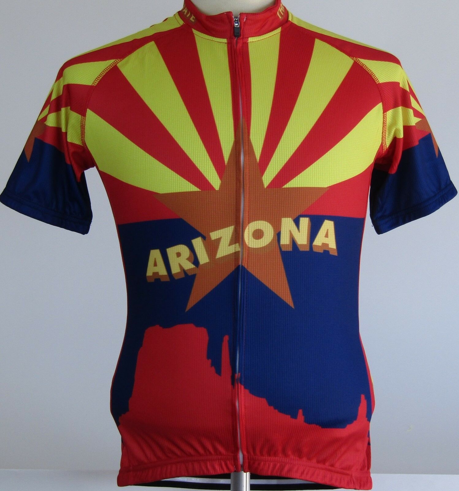 The Arizona State Flag Retro Cycling Jersey, crafted from lightweight polyester, showcases ARIZONA with a vibrant red star and sun rays in red, yellow, and blue across the chest and back, reflecting the iconic state flag design for a stylish ride.