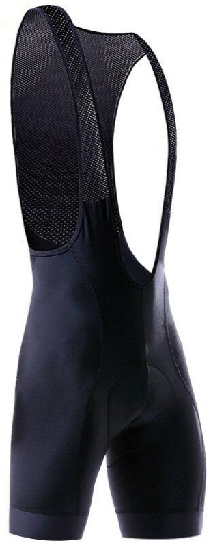 The Black Cycling Shorts feature sleek, form-fitting polyester fabric with mesh straps and a gel pad seat, ideal for comfort and performance during endurance rides.