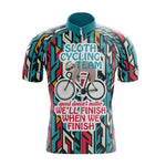 The Sloth Cycling Team Jersey is a vibrant, lightweight polyester jersey with abstract patterns. It features the text Sloth Cycling Team above a playful sloth on a bike and the motto Speed doesnt matter. Well finish when we finish.