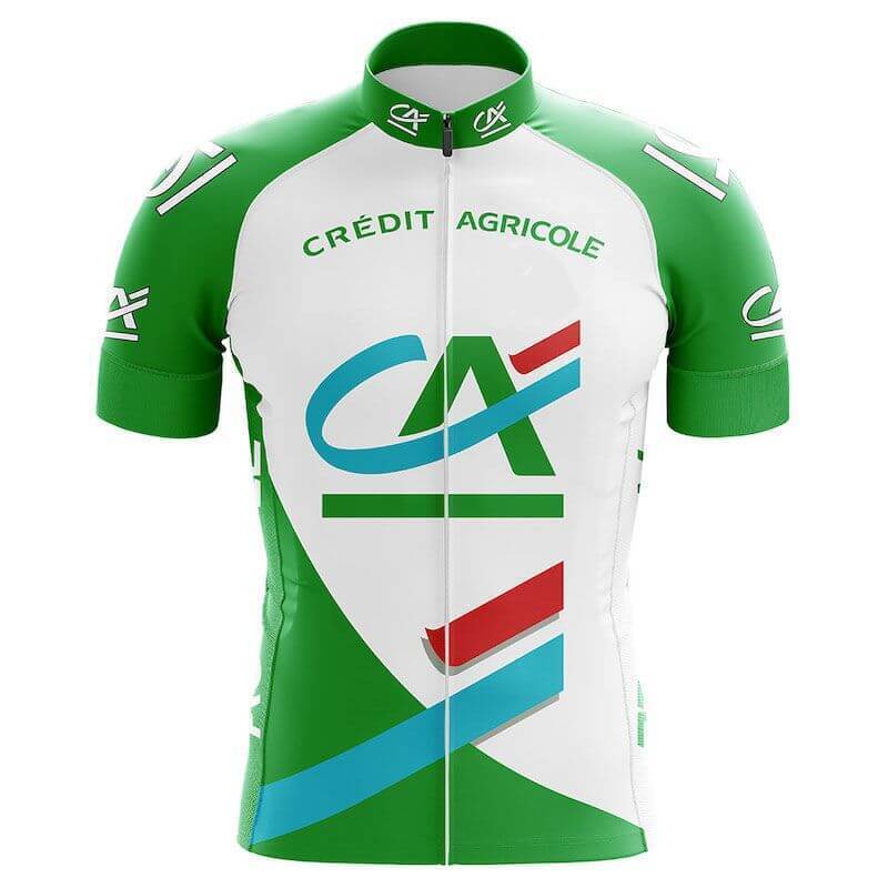 The lightweight polyester Credit Agricole Retro Cycling Jersey features a green and white design with the CrΓ©dit Agricole logo, overlapping blue, green, and red ribbons, short sleeves, and a front zipper.
