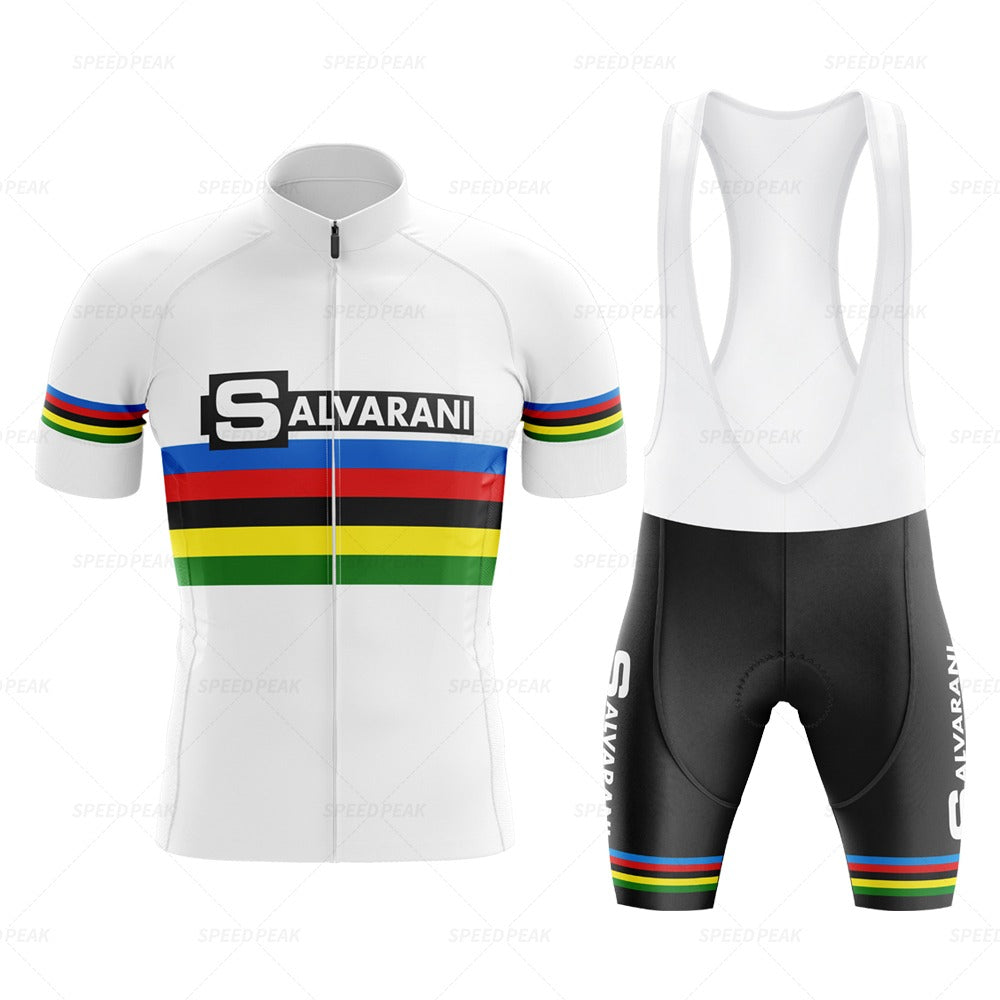 The Salvarani 1972 Retro Cycling Jersey Set features a white jersey with rainbow stripes and a bold Salvarani logo on the front, echoing Felice Gimondis iconic style. Black bib shorts with smaller side logos round out the classic look.