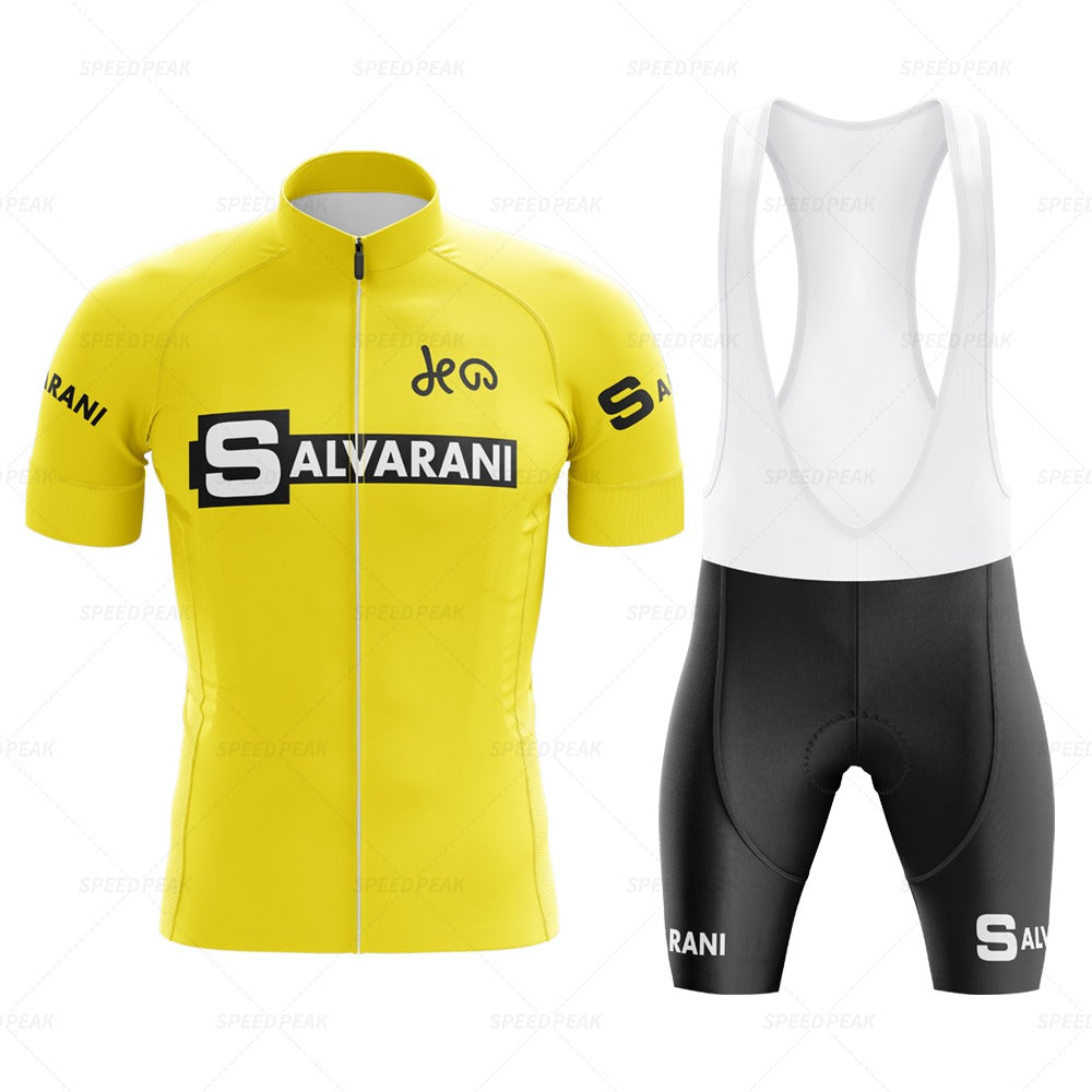 The Salvarani 1972 Retro Cycling Jersey Set, in yellow and black, echoes Felice Gimondis era with a full-zipper jersey, short sleeves, and SALVARANI branding. The bib shorts feature suspenders and leg branding for an authentic vintage style.