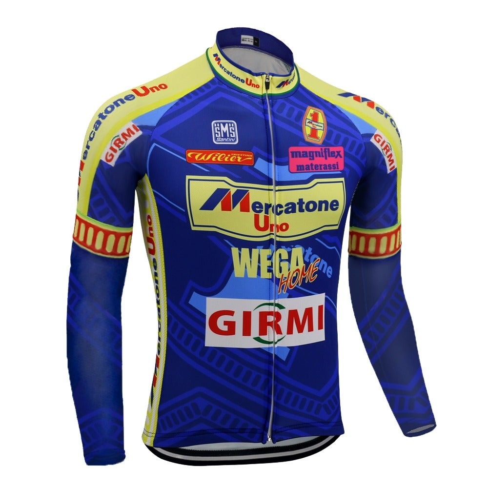 The Mercatone Uno Wega Retro Cycling Jersey features long blue sleeves with yellow and red accents, sponsor logos like Mercatone Uno Wega, Girmi, and Wegaw, geometric patterns, and a front zip closure. A cozy fleece version is also available for cooler rides.
