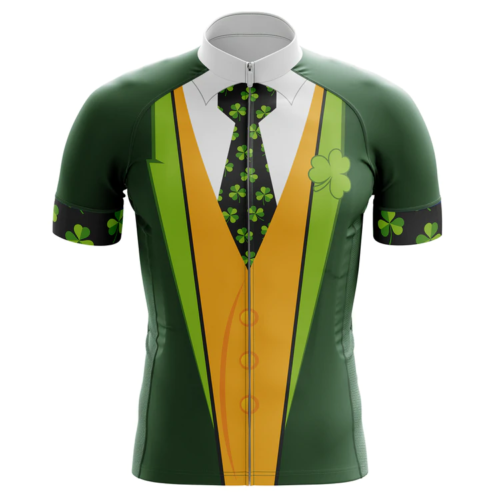 The Lucky Irish Suit Cycling Jersey is made from lightweight polyester and features a suit-like design with a white collar, black shamrock-patterned tie, yellow vest, and shamrock motifs on the sleeves and sides for a festive ride.