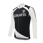 The Guinness Retro Cycling Jersey features a harp logo and GUINNESS text on the chest. It includes long sleeves, a front zipper, black panels, and white accents for a classic look.