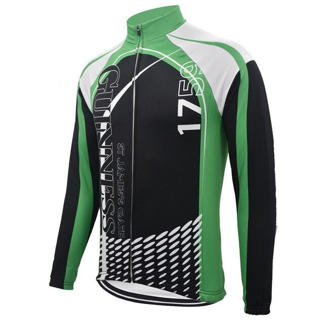 The Guinness 1759 Retro Cycling Jersey in green and black features long sleeves, with white accents and text. Its retro design includes curved white shoulder shapes, a dot pattern near the waist, and a front zipper closure, perfect for cycling enthusiasts seeking classic style.