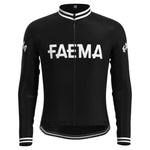The Faema 1955 Long Sleeve Retro Cycling Jersey comes in black with FAEMA boldly printed in white on the front and sleeves, featuring a full-length zipper, white trim on the collar and cuffs, and an optional cozy fleece for long sleeve enthusiasts.