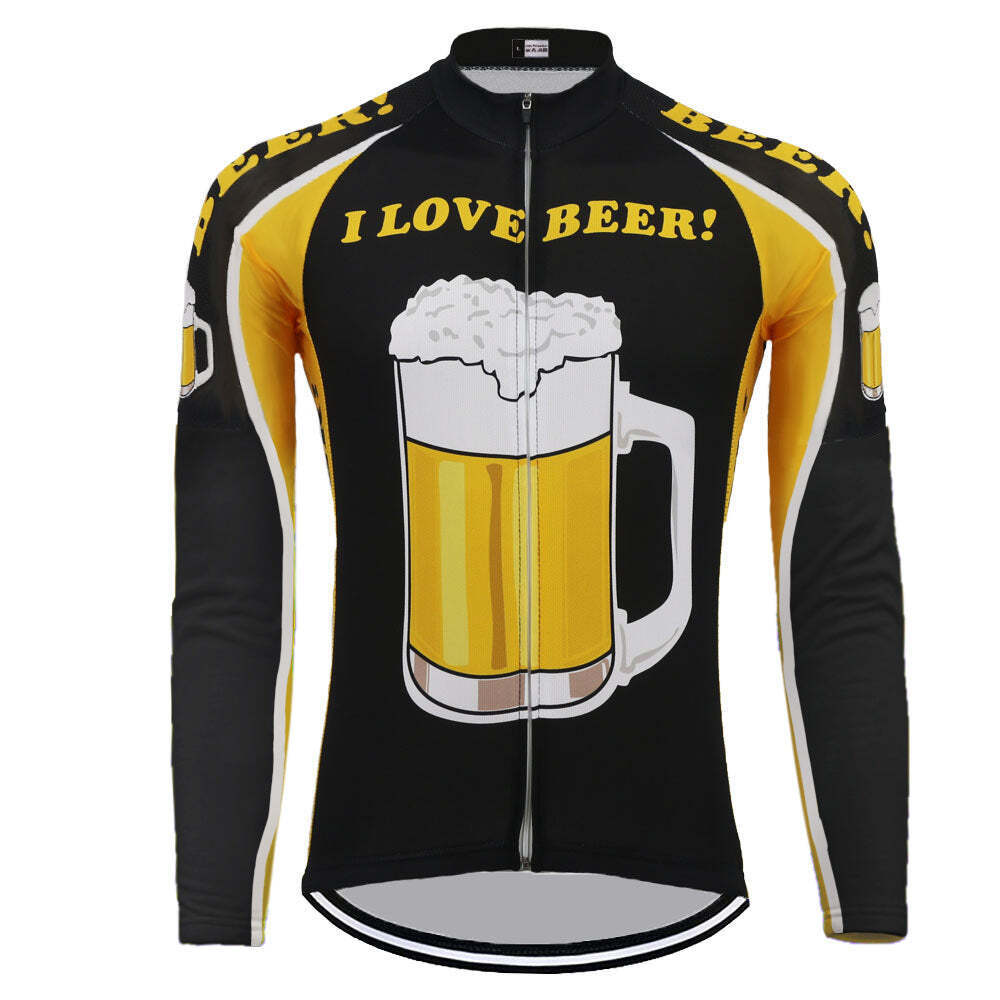 The Love Beer Long Sleeve Cycling Jersey features beer mug graphics and the phrase I LOVE BEER! on the front, incorporating yellow, black, and white colors for a fun ride.