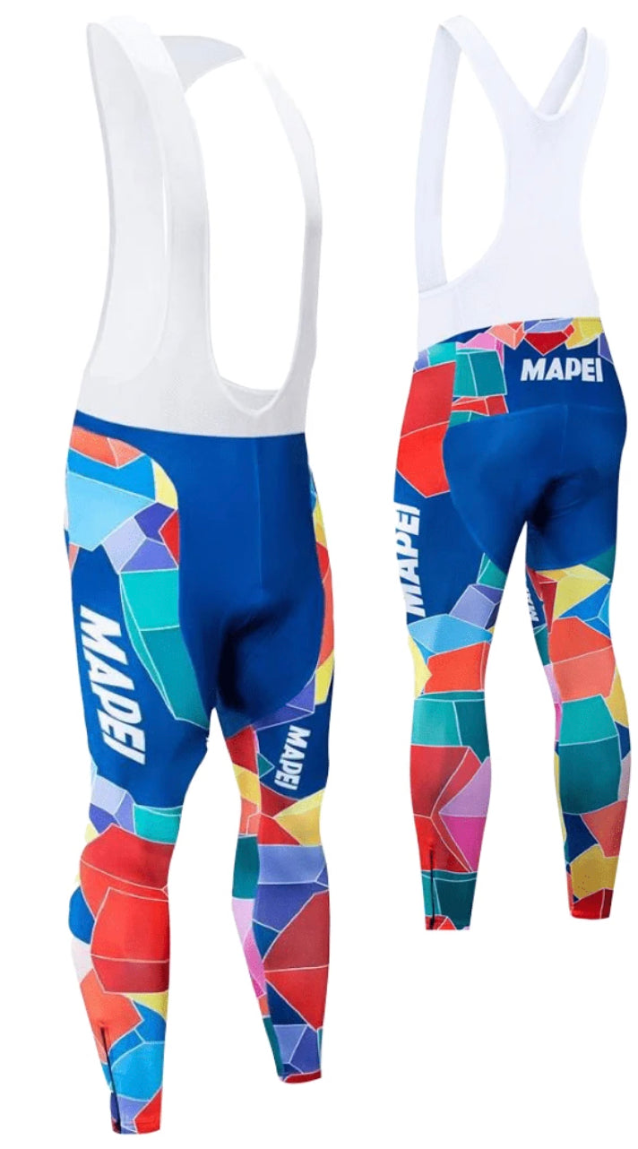 The Mapei Retro Cycling Leggings showcase a vibrant red and blue mosaic pattern with MAPEI text on the side and white straps, viewed from front and back, embracing a classic cycling style.