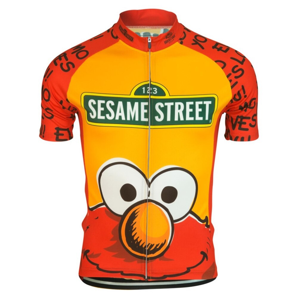 The Elmo Sesami Street Retro Cycling Jersey features a vibrant yellow and red design with Elmos face prominently displayed, alongside the Sesame Street logo at the top.