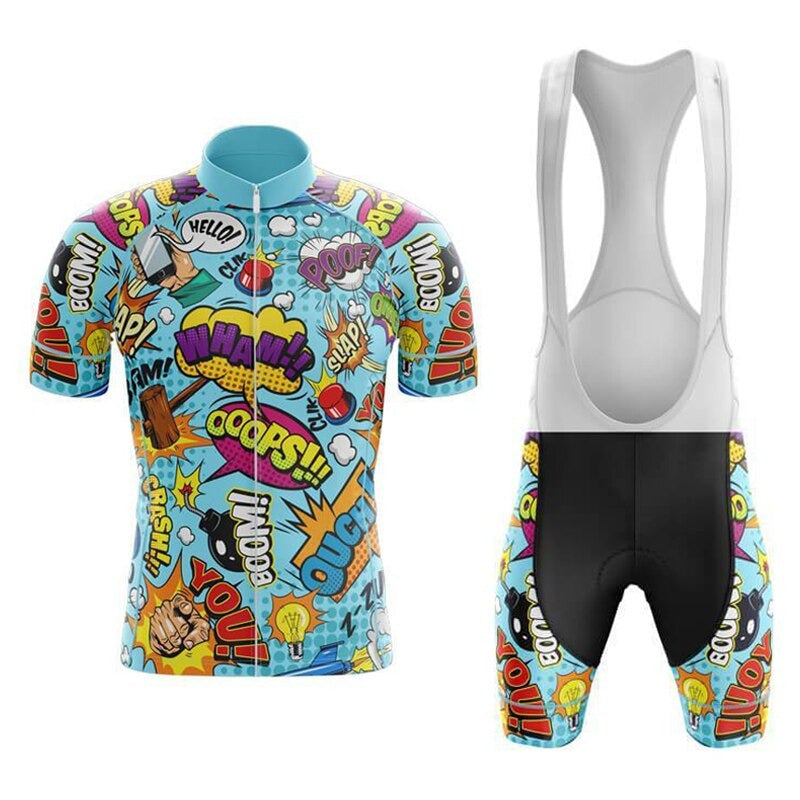 The Explosive Comic Book Cycling Jersey Set, crafted from lightweight polyester, includes a short-sleeve top and bib shorts with a gel seat pad. Featuring vibrant words like Wham, Oops, and Boom on light blue, it adds flair to your ride.