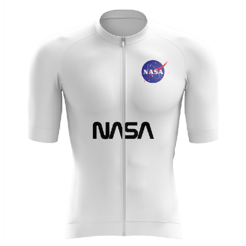 The NASA All White Cycling Jersey is a short-sleeved polyester performance cycling top with a front zipper, featuring the iconic NASA logo on the upper left chest and NASA in bold black letters across the midsection.