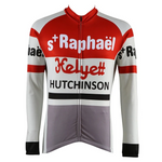 The St Raphael-Helyett-Hutchinson Retro Cycling Jersey (with Fleece Option) boasts long sleeves and a bold red, white, gray, and black design. It proudly displays St Raphaël, Helyett, and Hutchinson on the front, capturing the essence of classic cycling with timeless flair.