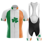 The Ireland Pro Team Cycling Jersey Sets feature a lightweight jersey with green, white, and orange stripes showcasing the Irish flag. It includes a central green shamrock, Ireland on the sleeves, and black-accented bib shorts with a silicone waist strip for comfort during rides.