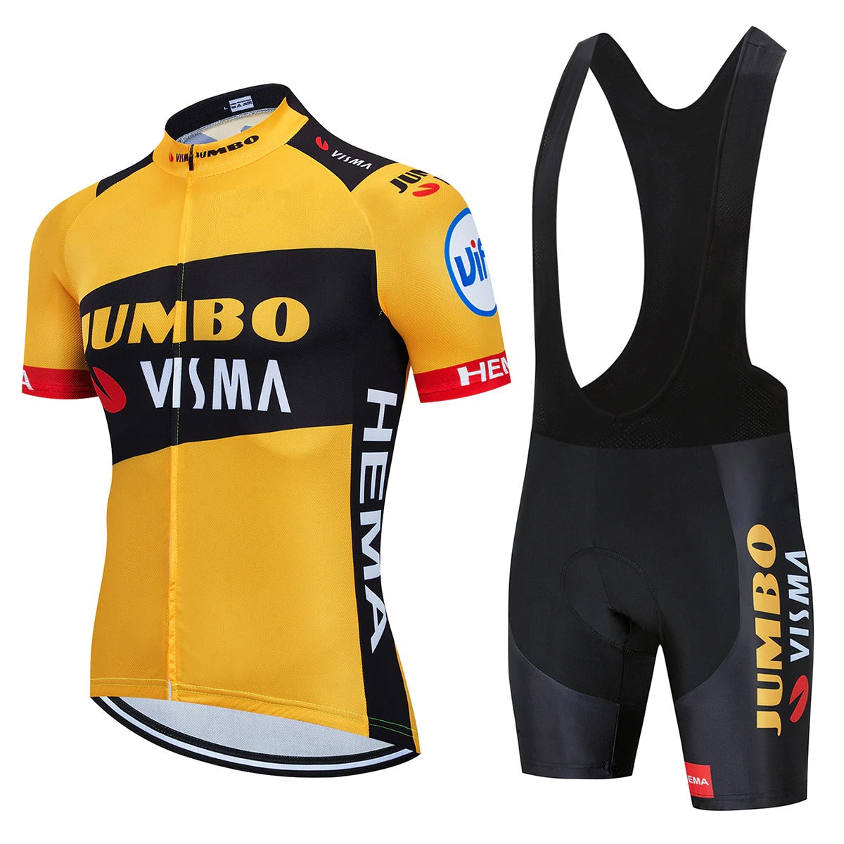 The Jumbo Visma Pro Team Cycling Jersey Set includes lightweight polyester yellow and black jersey and bib shorts, featuring the Jumbo Visma and HEMA logos, mirroring the official team gear.