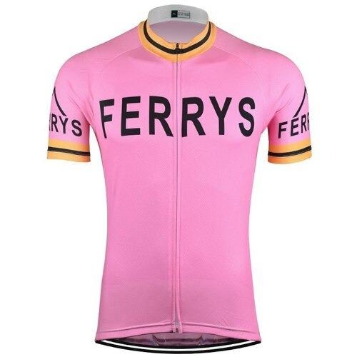 The Ferrys Retro Cycling Jersey is a pink, 1960s-style jersey featuring FERRYS in bold black on the front and sleeves. It includes yellow and black trim on the neckline and sleeve edges plus a practical front zipper, ideal for any Ferrys cycling team fan.