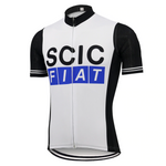 The SCIC Fiat Retro Cycling Jersey showcases a bold black and white design with SCIC in black and FIAT in blue on the front, crafted from lightweight polyester. It features white-striped sleeves and an internal silicone waist strip for enhanced comfort during rides.
