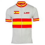 Immerse yourself in Spanish spirit with the Spanish Flag Retro Cycling Jersey. Made from lightweight polyester, it boasts a gray background with striking red and yellow stripes, a Spanish flag on the left chest, LAPR on the right, and a red-yellow-red striped collar for a classic look.