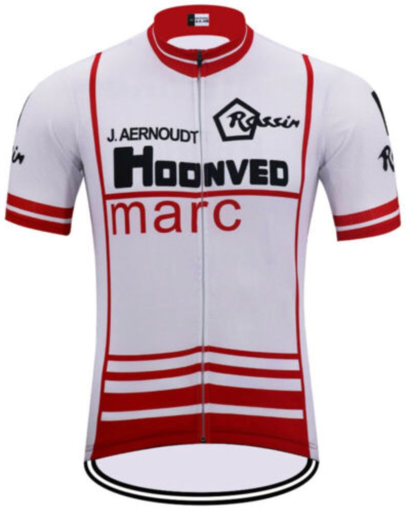 The Hoonved Marc Retro Cycling Jersey is crafted from lightweight polyester with red accents and logos like J. Aernoudt, Hoonved Marc, and Rossin. It features short sleeves with red stripes and a full-length front zipper for optimal comfort and style.