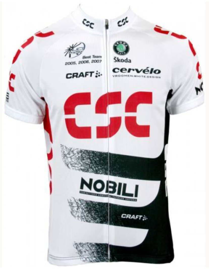 The CSC Nobili 2008 Retro cycling jersey is white with red and black patterns, featuring logos for CSC, Craft, CervΓ©lo, Skoda, and Nobili. Made from lightweight polyester, it includes Best Team 2005, 2006, 2007 text.