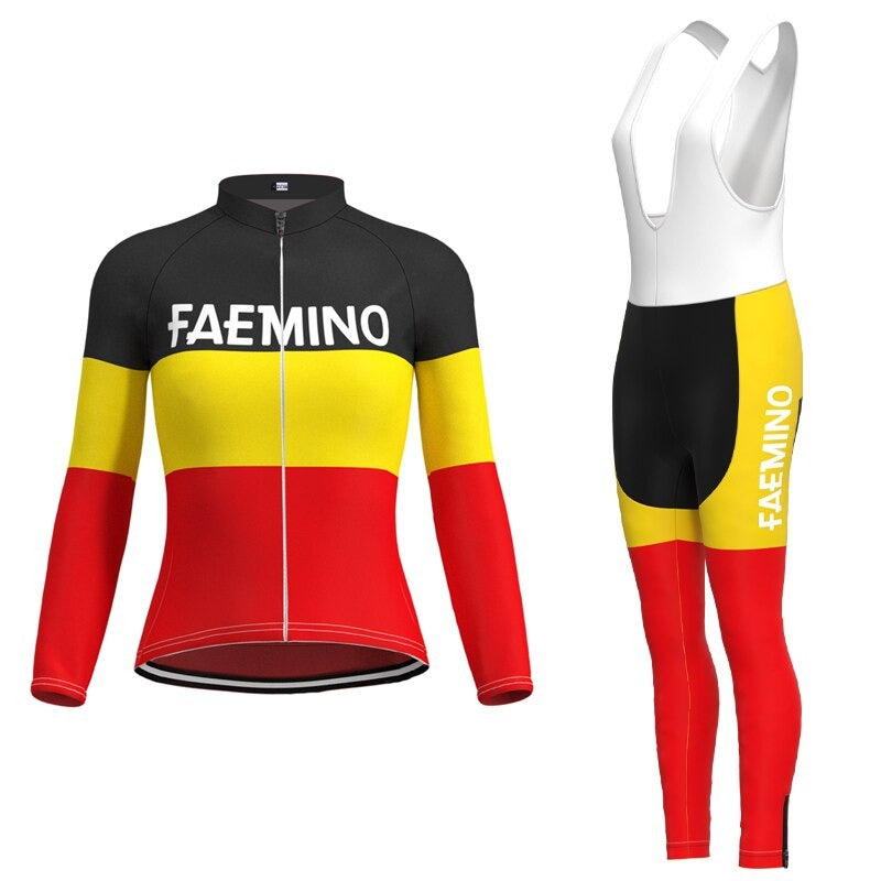 The Womens Faemino-Faema Retro Cycling Jersey Long Set, inspired by Team Faemas iconic style, includes a black, red, and yellow long-sleeve jersey with FAEMINO text and full front zipper. The matching bib tights have reinforced white straps and color panels.