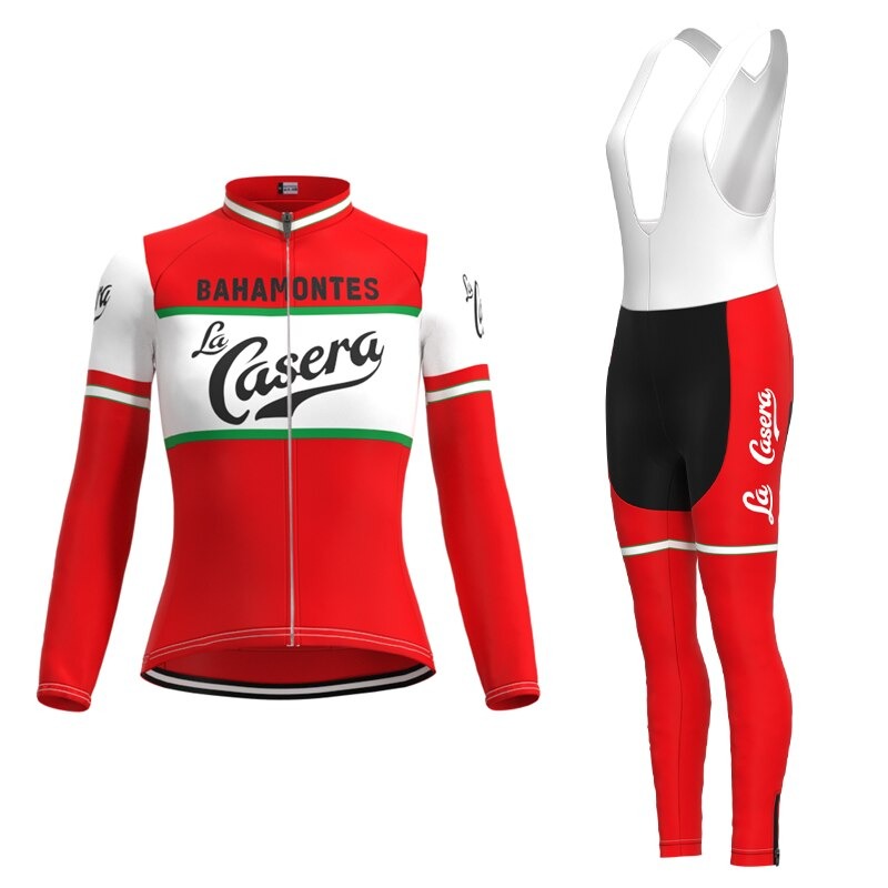 Introducing the Womens La Casera-Bahamontes Retro Cycling Jersey Long Set: a winter fleece set with a red and white jersey, bib tights, long sleeves, green accents, and iconic logos for stylish chilly rides.