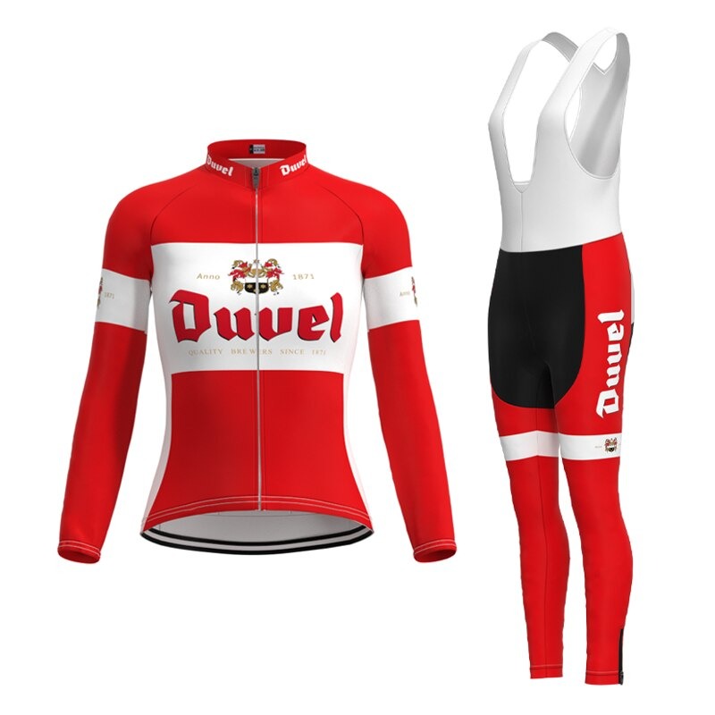 The Womens Duvel Beer Retro Cycling Jersey Long Set includes a red, white, and black long-sleeve jersey with winter fleece and a bib. It features a front zipper and Duvel in bold on both the jersey front and the side of the shorts, complete with a text logo and emblem.