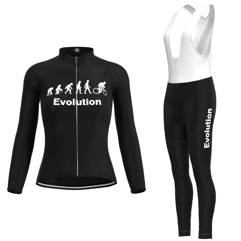 The Womens Evolution Cycling Jersey Long Set includes a black cycling jersey and bib tights with breathable, performance fabric, featuring white Evolution text and a human evolution graphic ending with a cyclist.