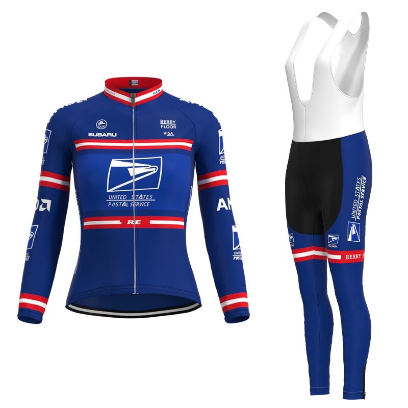 The Womens US Postal Service Cycling Jersey Long Set (with Winter Fleece) in blue and red includes a long-sleeve jacket and bib tights adorned with white postal and sponsor logos, perfect for chilly rides.