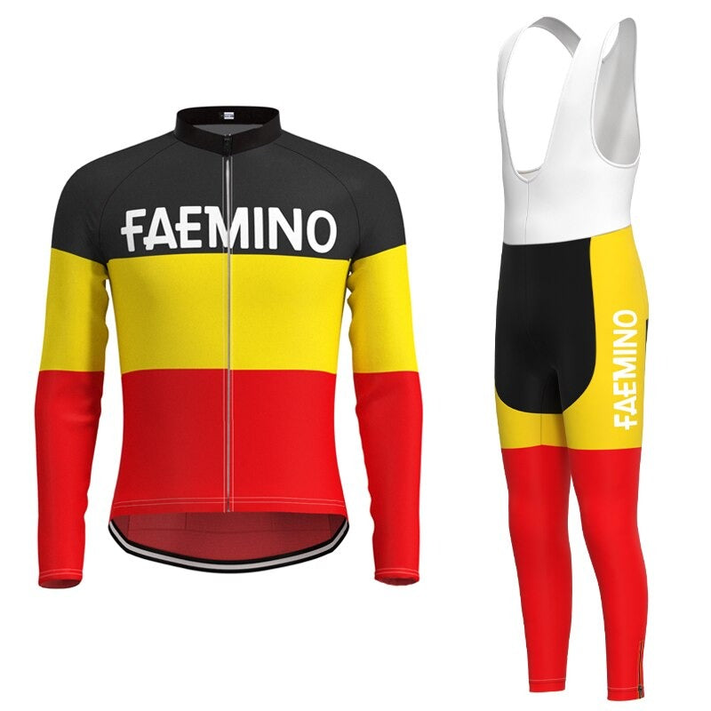 The Faemino Retro Cycling Jersey Long Set features a retro-inspired design with long sleeves and bib tights in a black, yellow, and red color scheme reminiscent of Faemas classic era, with FAEMINO prints—perfect for Eddy Merckx fans. Comes with an optional fleece.