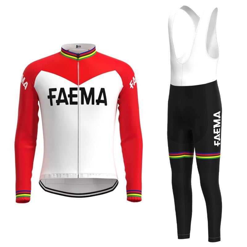 The image displays the Faema 1969 Retro Cycling Jersey Long Set with Faema on the front and sleeves, in red and white. The ensemble includes breathable shorts with rainbow accents, blending style and performance for every ride.
