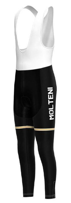 Featuring a side view of the Molteni Black Retro Cycling Leggings, this design showcases MOLTENI in white on the side. The bib has white straps and yellow accent stripes around the thighs, merging retro cycling style with modern sleekness.