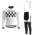 The Classic 1960s Peugeot Retro Cycling Jersey Long Set features a white jersey with PEUGEOT and black checkered patterns, paired with matching bib tights. Logos on sleeves and tights evoke Eddy Merckxs era. Fleece lining available for cool rides.